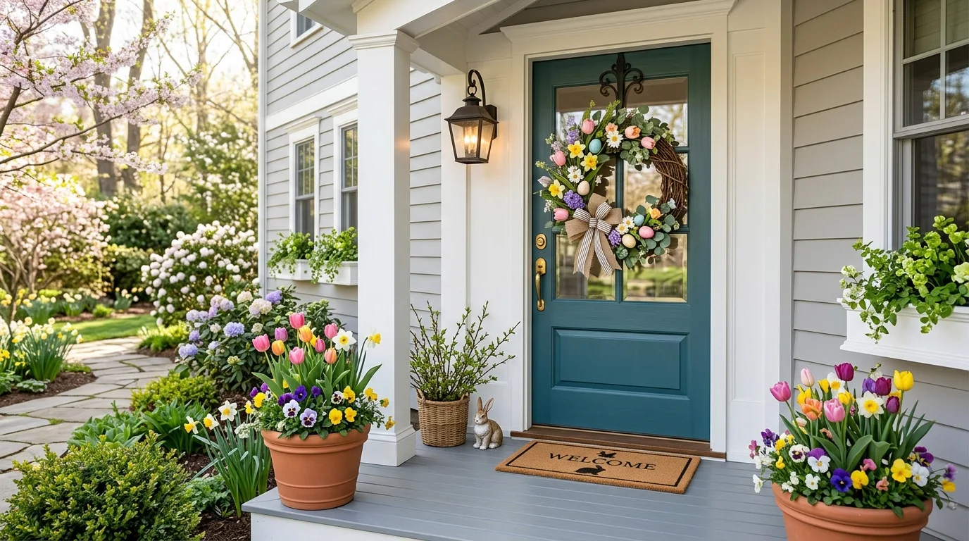 Front door with floral Easter wreath